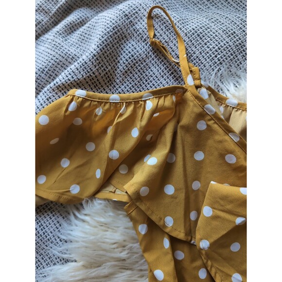 Hint of Blush Yellow Polka Dot Dress M Off the Shoulder Flutter Sleeves - Picture 4 of 9